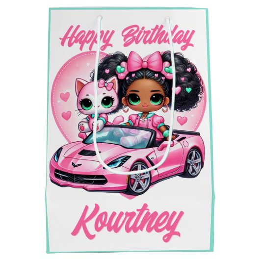 Ethnic Girl & Cat Pink Konvertible Herz Mittlere Geschenktüte (Rückseite)