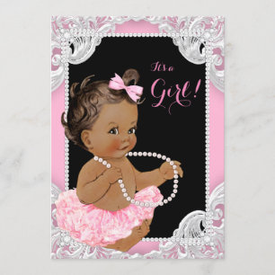 Ethnic Girl Pink Black Pearl Baby Girl Dusche Einladung