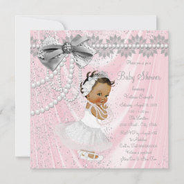 Ethnic Girl Pink Gray Satin Pearl Baby Dusche Einladung