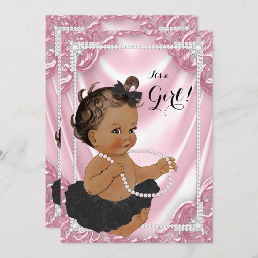 Ethnic Girl Pink Pearl Black Tutu Kinderdusche Einladung (Vorne/Hinten)