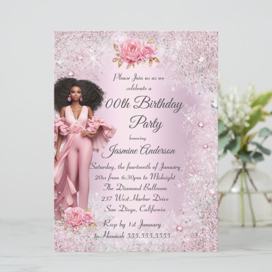 Ethnic Glam Birthday Pink Silver Winter Wonderland Einladung (Stehend Vorderseite)