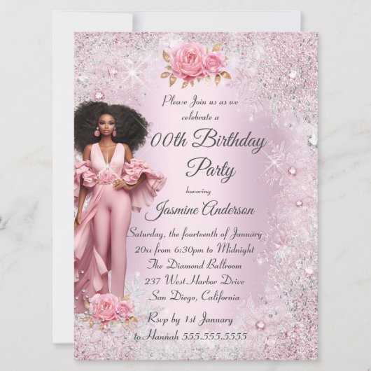 Ethnic Glam Birthday Pink Silver Winter Wonderland Einladung (Vorderseite)