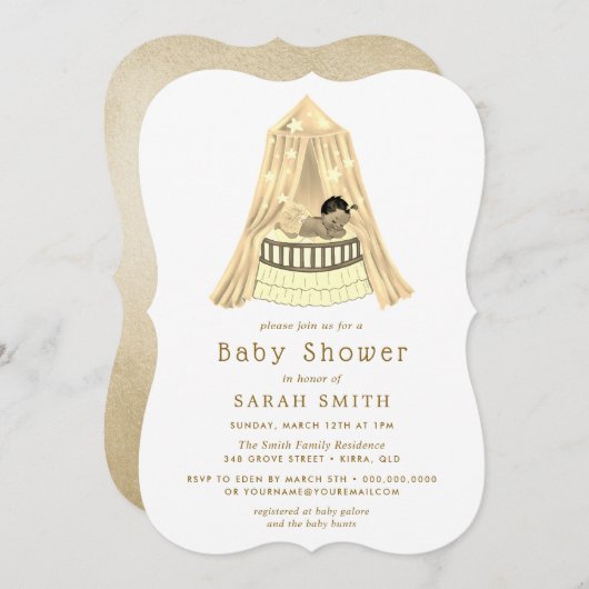 Ethnic Gold Baby Shower Crib Boy oder Girl Einladu Einladung (Vorne/Hinten)