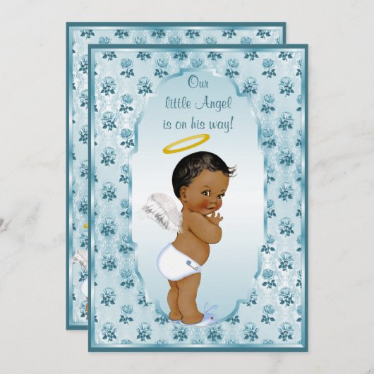 Ethnic Little Boy Angel Blue Rose Babydusche Einladung (Vorne/Hinten)