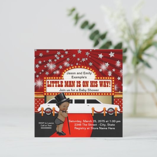 Ethnic Little Man Limousine Movie Star Kinderdusch Einladung (Stehend Vorderseite)