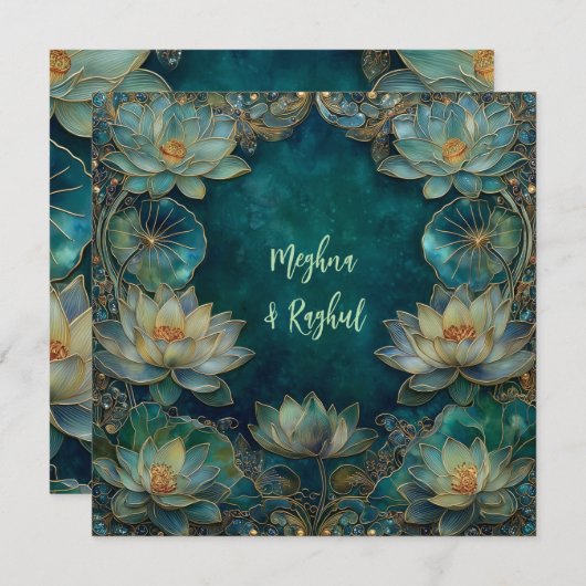 Ethnic Lotus Green Gold Indian Wedding Einladung (Vorne/Hinten)