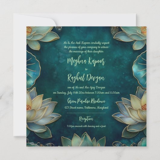 Ethnic Lotus Green Gold Indian Wedding Einladung (Rückseite)