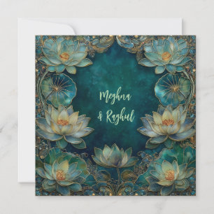 Ethnic Lotus Green Gold Indian Wedding Einladung