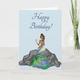 Ethnic Mermaid Dark Hair Happy Birthday Card Karte