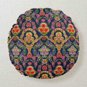 Ethnic Mughal Floral: Blaues nahtloses Muster Rundes Kissen