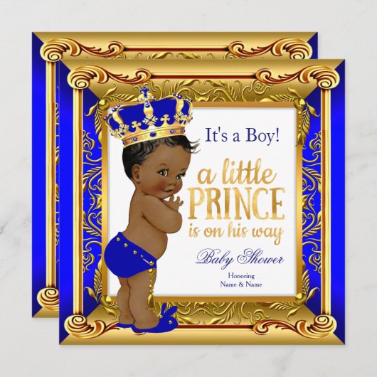 Ethnic Prince Baby Dusche Blue Imitate Gold Einladung (Vorne/Hinten)