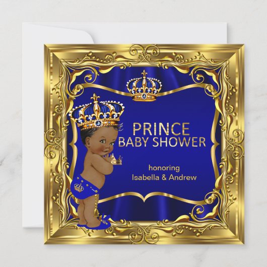 Ethnic Prince Baby Shower Boy Blue Verziert Gold Einladung (Vorderseite)