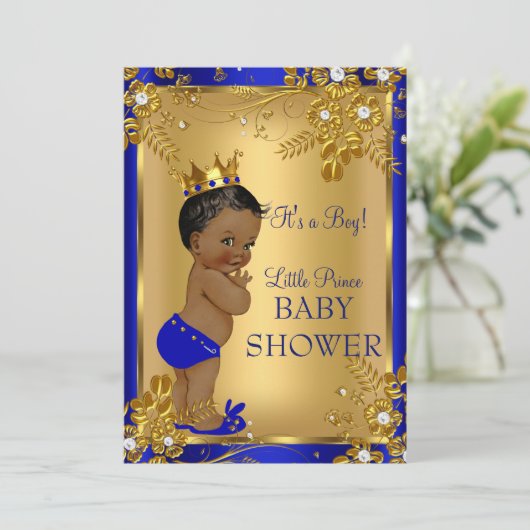 Ethnic Prince Boy Baby Dusche Gold Blue Floral Einladung (Stehend Vorderseite)