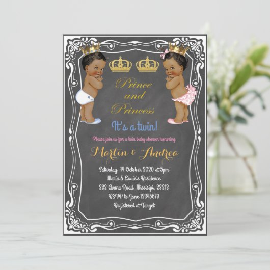 Ethnic Prince oder Princess Twin Baby Dusche Einladung (Stehend Vorderseite)