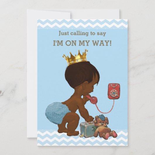 Ethnic Prince on Phone Baby Dusche Chevrons Blue Einladung (Vorderseite)