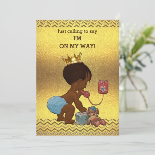 Ethnic Prince on Phone Baby Shower Gold Chevrons Einladung (Stehend Vorderseite)