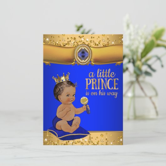 Ethnic Prince Royal Blue Gold Prince Baby Dusche Einladung (Stehend Vorderseite)