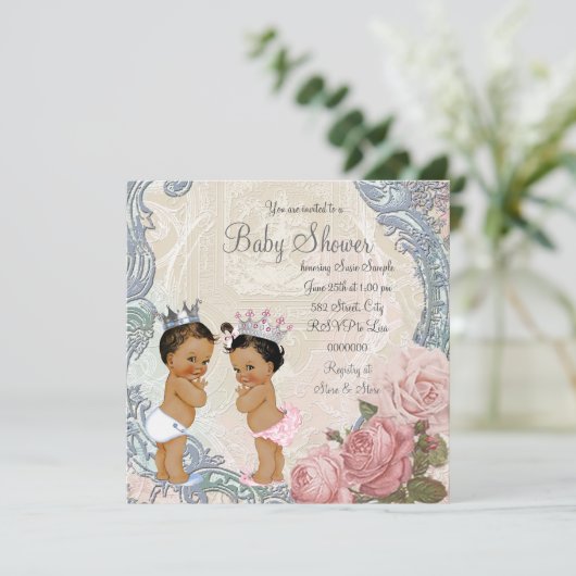 Ethnic Prince und Princess Twin Baby Dusche Einladung (Stehend Vorderseite)
