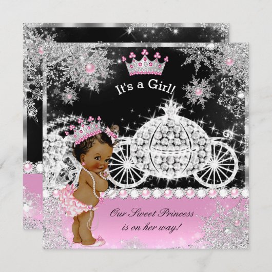 Ethnic Princess Baby Dusche Carriage Pink Black Einladung (Vorne/Hinten)