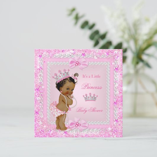 Ethnic Princess Baby Dusche Pink Glitzer Tiara Einladung (Stehend Vorderseite)