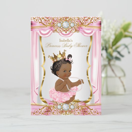 Ethnic Princess Baby Dusche Rosa Seide Gold Einladung (Stehend Vorderseite)