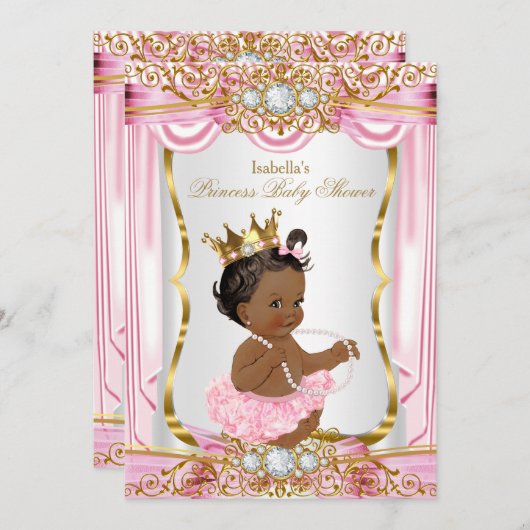 Ethnic Princess Baby Dusche Rosa Seide Gold Einladung (Vorne/Hinten)