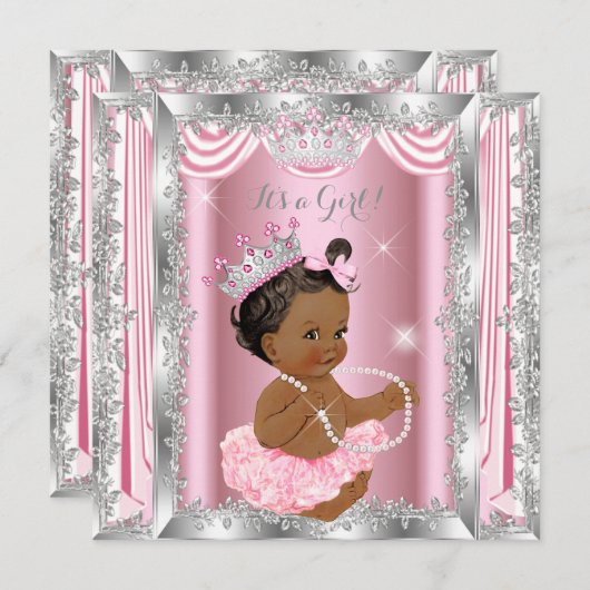 Ethnic Princess Baby Dusche Rosa Silver Ballerina Einladung (Vorne/Hinten)