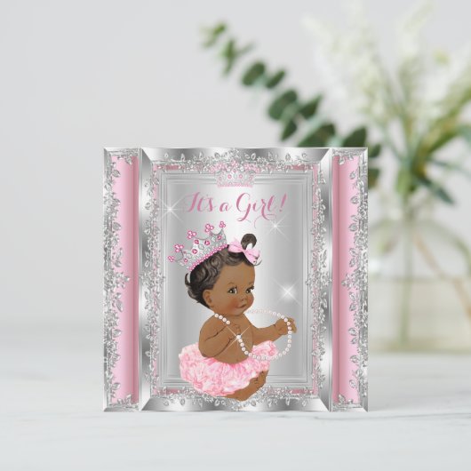 Ethnic Princess Baby Dusche Rosa Silver Tutu Einladung (Stehend Vorderseite)