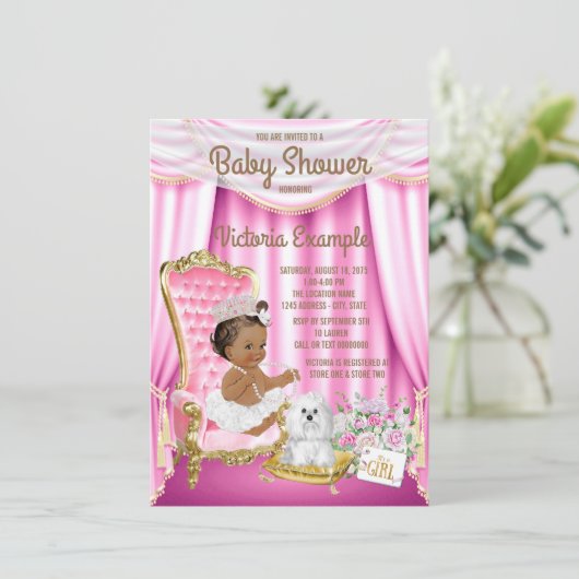 Ethnic Princess Baby Dusche Rosa Stuhl Einladung (Stehend Vorderseite)
