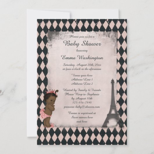 Ethnic Princess Eiffel Tower Rose Babydusche Einladung (Rückseite)