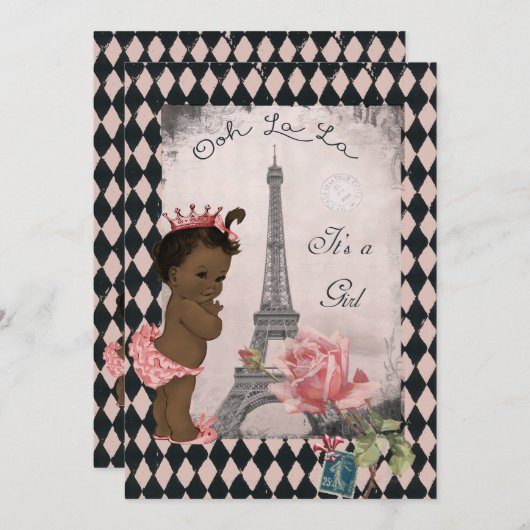 Ethnic Princess Eiffel Tower Rose Babydusche Einladung (Vorne/Hinten)