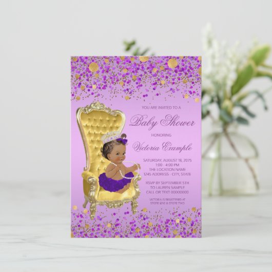 Ethnic Princess Lavender Gold Baby Dusche Einladung (Stehend Vorderseite)