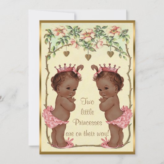 Ethnic Princess Twins Rose & Hearts Baby Dusche Einladung (Vorderseite)