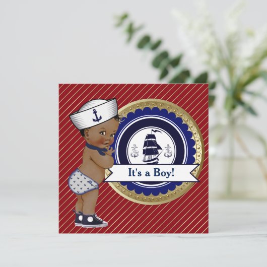 Ethnic Sailor Boy Nautical Baby Dusche Einladung (Stehend Vorderseite)