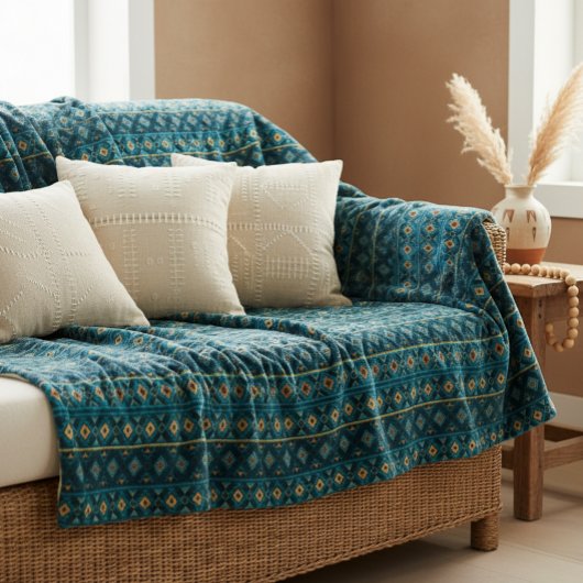 Ethnic Striped Throw Blanket in Ocean Blue Sherpadecke