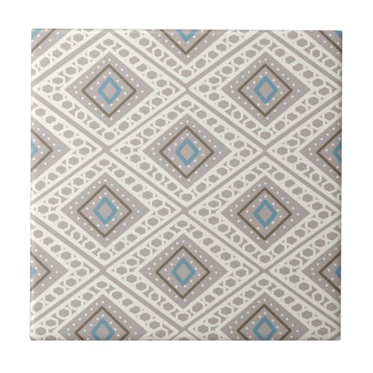 Ethnic Tile Muster Print, blau, ecru, braune Flies Fliese (Vorderseite)