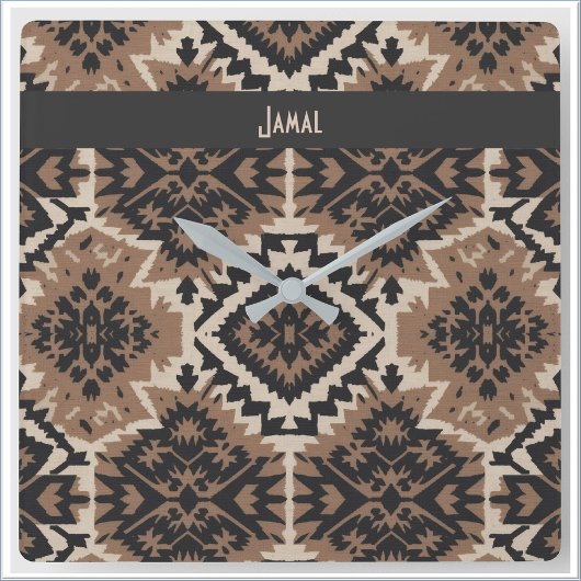 Ethnic Tribal Mudcloth Black & Tan Quadratische Wanduhr