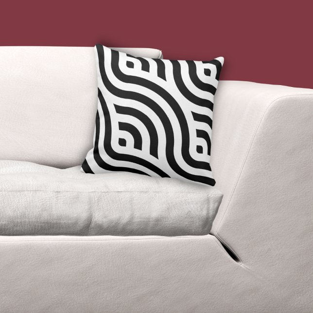 Ethnic White Wave Pattern Black Kissen (Regular White Wave Pattern Black Throw Pillow, custom color possible)