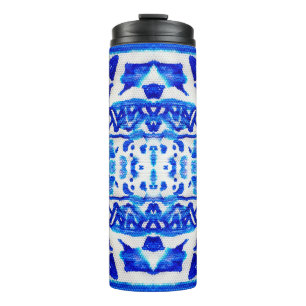 Ethnisch-blaues Aquarellmuster Thermosbecher