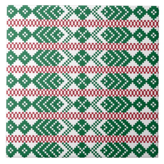 Ethnisch-Lettisches Stammesmuster grün und rot Fliese (Vorderseite)