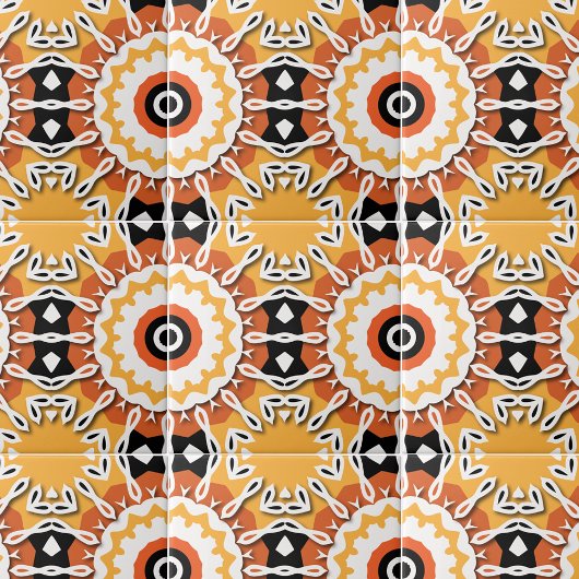 Ethnisch-orangefarbenes Schwarz-Weiß-Damast-Mosaik Fliese