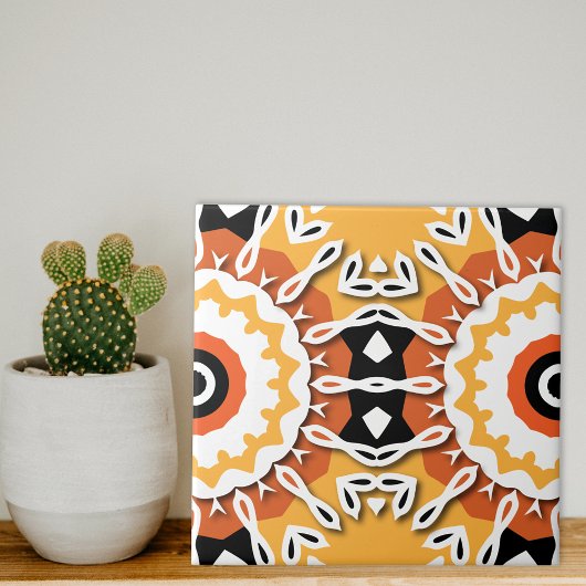 Ethnisch-orangefarbenes Schwarz-Weiß-Damast-Mosaik Fliese