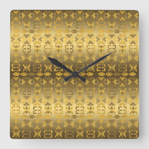 Ethnische afrikanische goldene Adinkra Symbole Quadratische Wanduhr