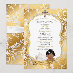 Ethnische Baby-Mädchen-Taufe Christening Goldkreuz Einladung