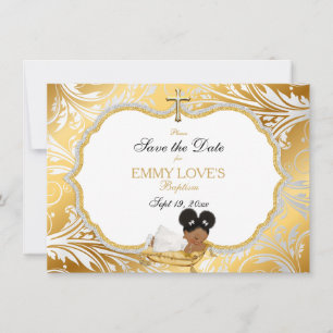 Ethnische Baby-Mädchen-Taufe Save Datum Goldkreuz The Date