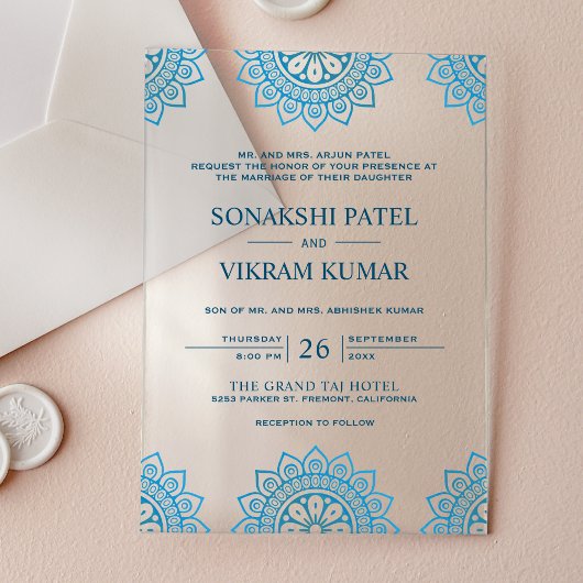 Ethnische blaue Mandala-Indische Hochzeit Acryleinladungen