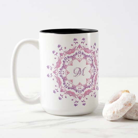 Ethnische BlumenMandala. Monogramm Zweifarbige Tasse (Mit Donut)