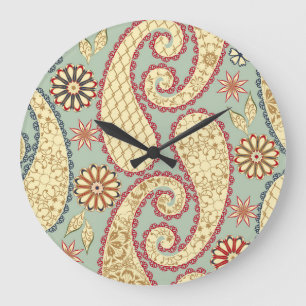 Ethnische Blumenmuster im Paisley-Vintage-Stil. Große Wanduhr