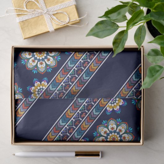 Ethnische Bohemische Blume Zickzack Navy Decoupage Seidenpapier (Geschenk)
