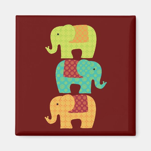 Ethnische Elefanten mit Blume auf Maroon Red Magnet (Vorne)